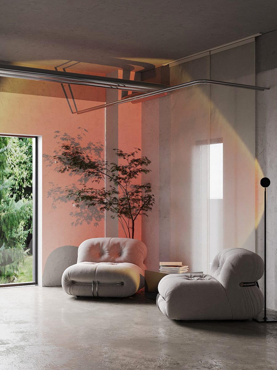 Le lounge de Studio MA, fauteuils clairs et érable du Japon sous une lumière prismatique.